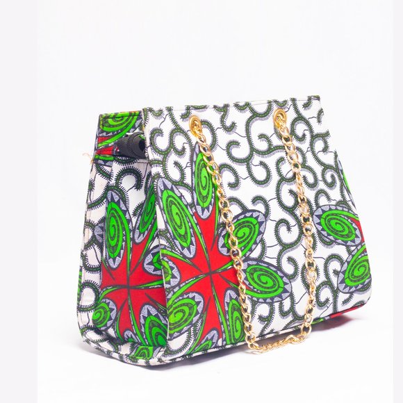White green African print triangular shoulder bag with golden chains - Picture 1 of 2